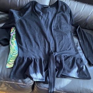 OXMO black cardigan sweater XL with ruffled bottom and tie front